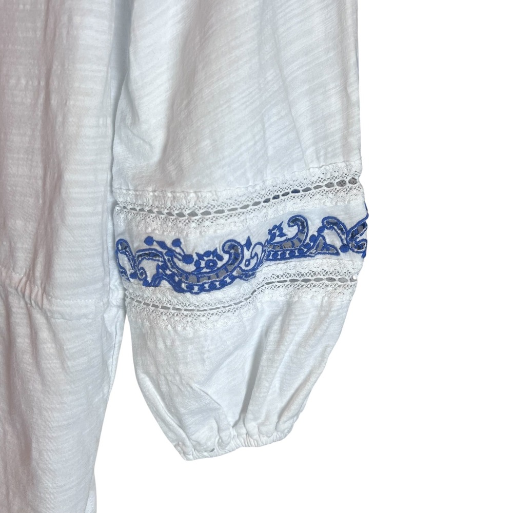 Lauren Ralph Lauren White Blue Embroidered Slub Cotton Tunic Top Drawstring Boho - Picture 3 of 6